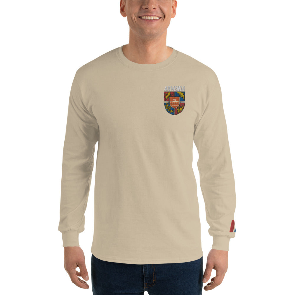 Men's Embroidered "Shield of Armenia & Tricolor Flag" Long Sleeve Shirt Pomegranate Mint