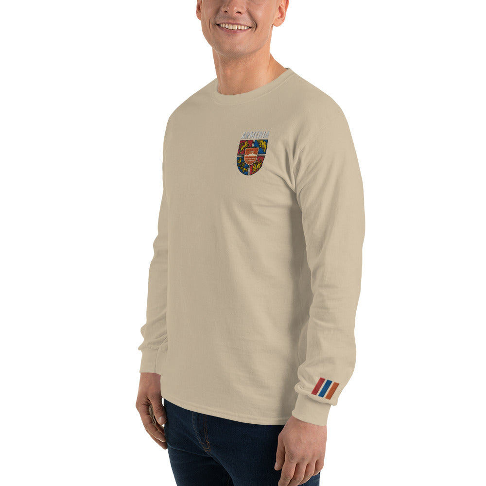 Men's Embroidered "Shield of Armenia & Tricolor Flag" Long Sleeve Shirt Pomegranate Mint