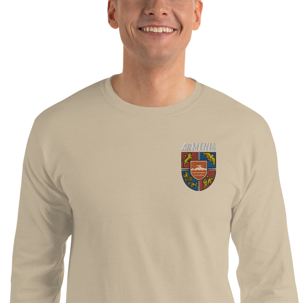 Men's Embroidered "Shield of Armenia & Tricolor Flag" Long Sleeve Shirt Pomegranate Mint