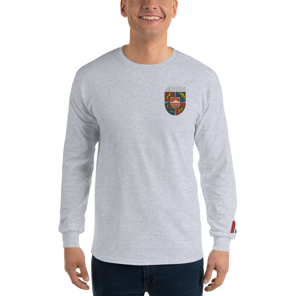 Men's Embroidered "Shield of Armenia & Tricolor Flag" Long Sleeve Shirt Pomegranate Mint
