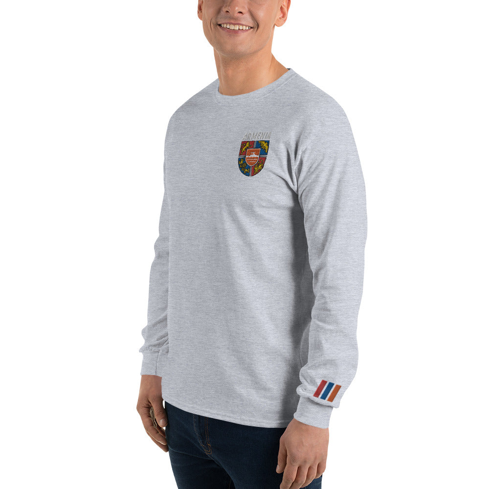 Men's Embroidered "Shield of Armenia & Tricolor Flag" Long Sleeve Shirt Pomegranate Mint