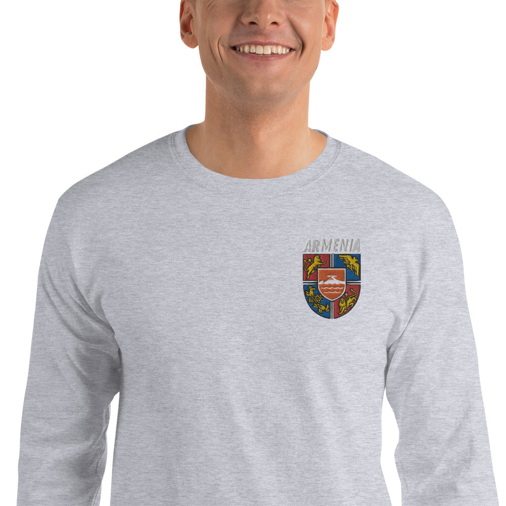 Men's Embroidered "Shield of Armenia & Tricolor Flag" Long Sleeve Shirt Pomegranate Mint