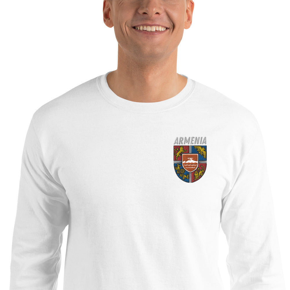 Men's Embroidered "Shield of Armenia & Tricolor Flag" Long Sleeve Shirt Pomegranate Mint