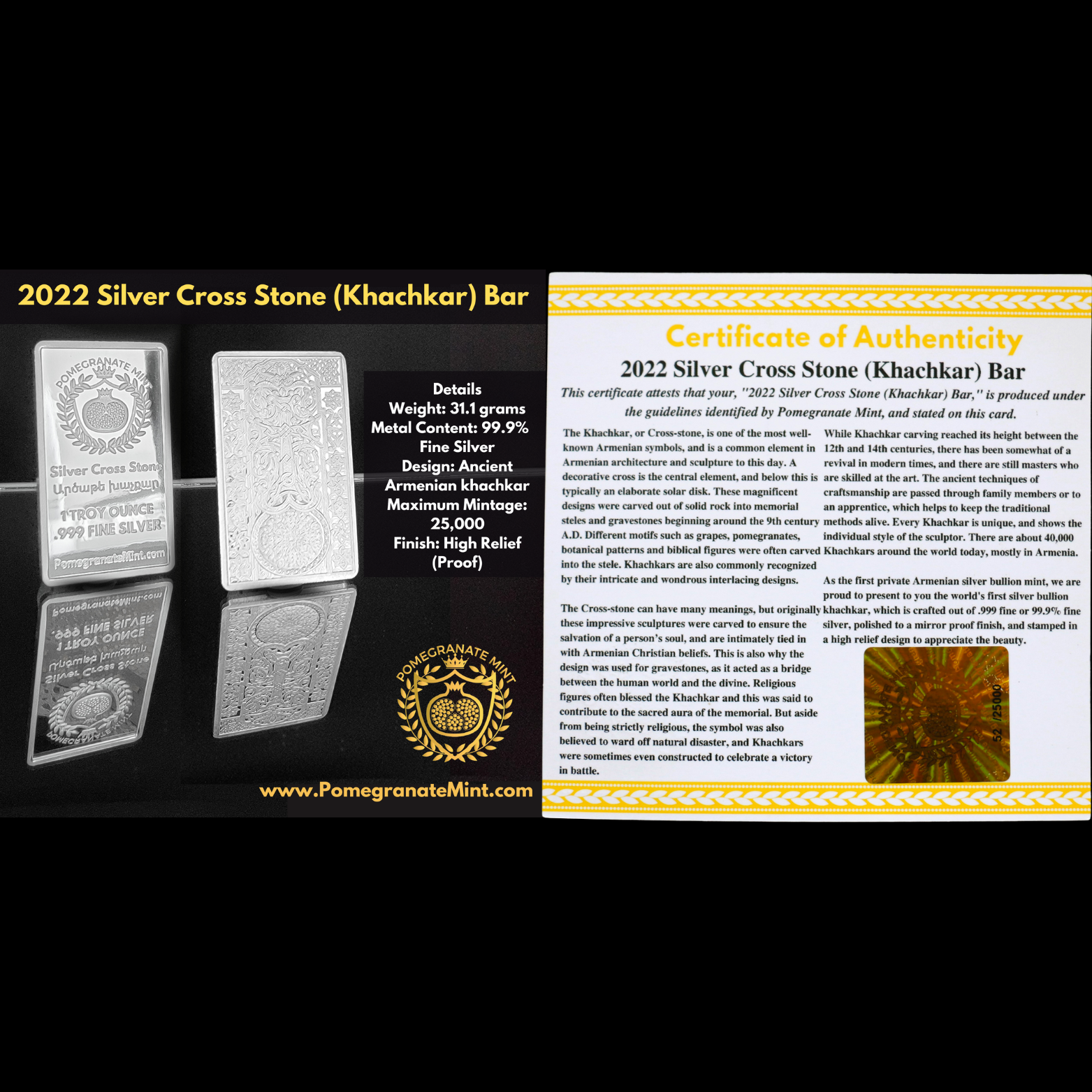 (NEW) 2025 Vardan Mamikonian Silver Cross Stone 1oz Bar (Khachkar) Pomegranate Mint