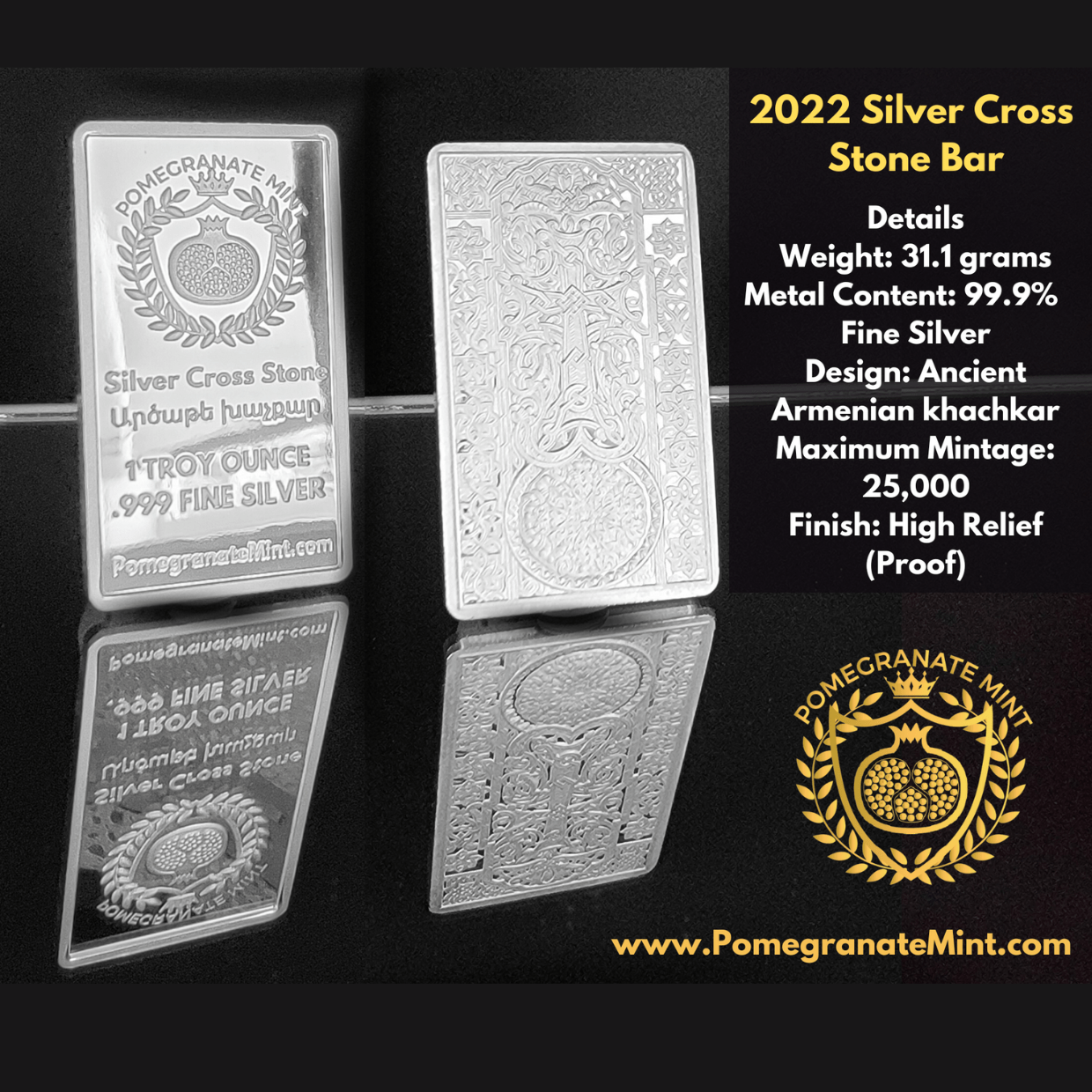 (NEW) 2025 Vardan Mamikonian Silver Cross Stone 1oz Bar (Khachkar) Pomegranate Mint