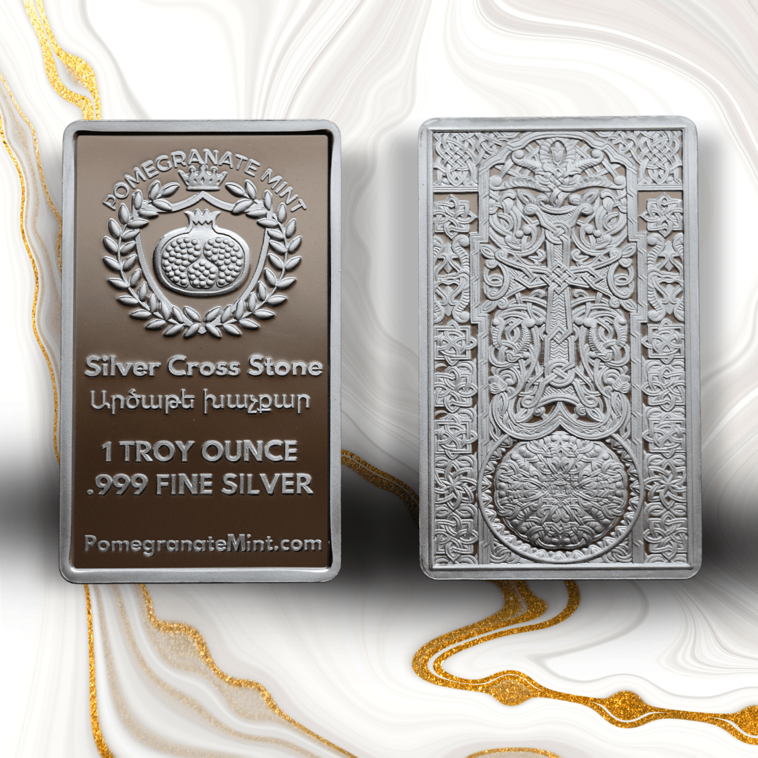 (NEW) 2025 Vardan Mamikonian Silver Cross Stone 1oz Bar (Khachkar) Pomegranate Mint