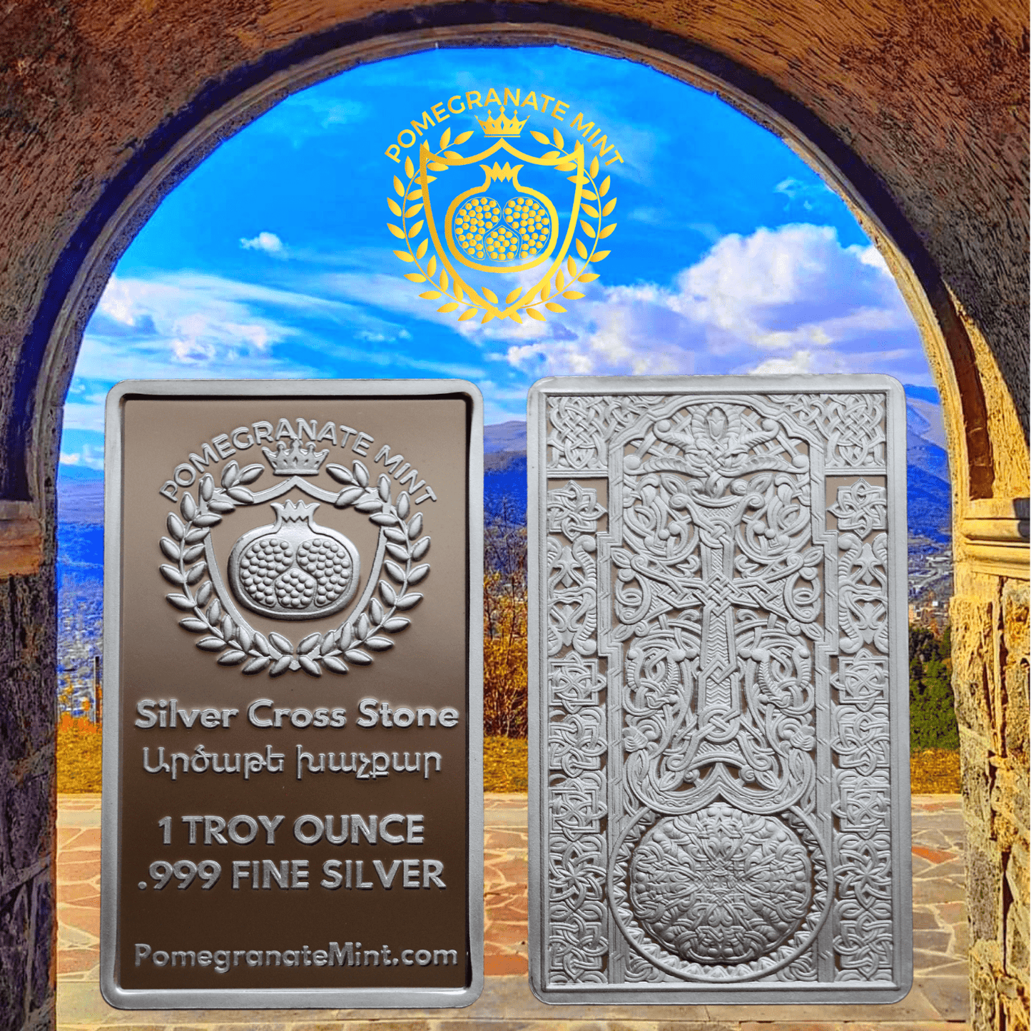 (NEW) 2025 Vardan Mamikonian Silver Cross Stone 1oz Bar (Khachkar) Pomegranate Mint