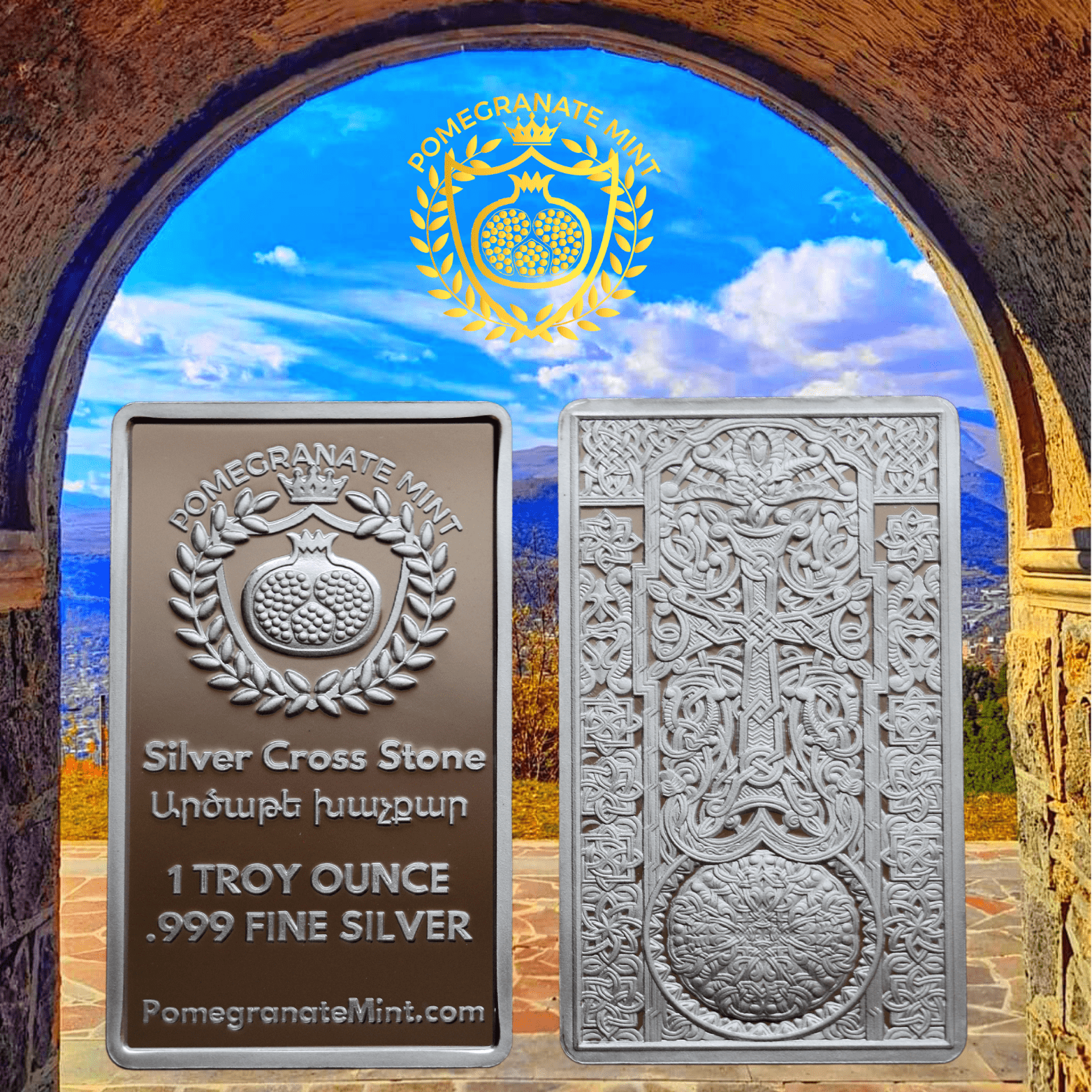 (NEW) 2025 Vardan Mamikonian Silver Cross Stone 1oz Bar (Khachkar) Pomegranate Mint
